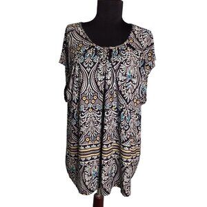 Carmen Marc Valvo Size 2X Tunic Top Womens Black Floral Short Sleeve Relaxed Fit